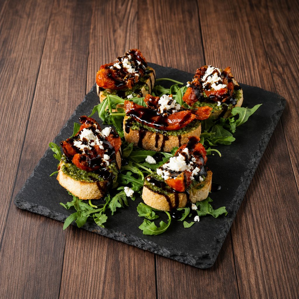 Marinated Tomato and Pesto Crostini.